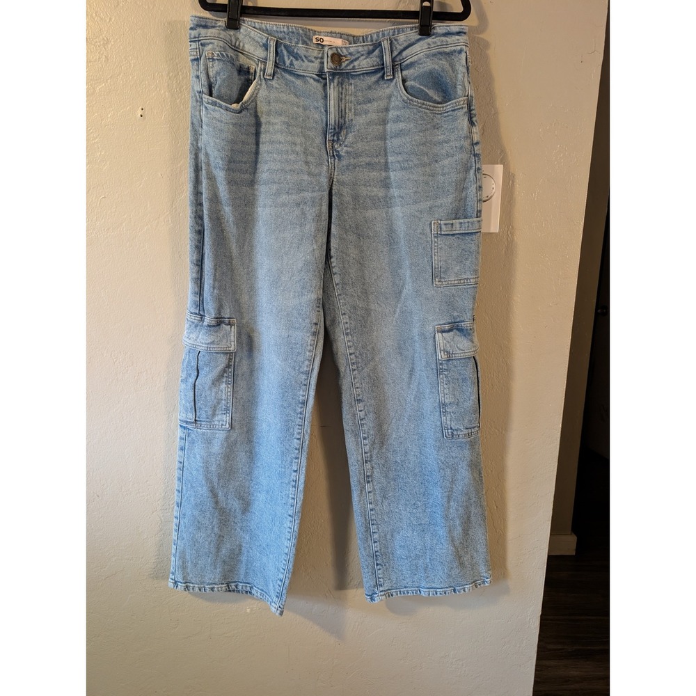 Light Wash Baggy Denim Low Rise Wide Leg Cargo Pockets womens size 15/32